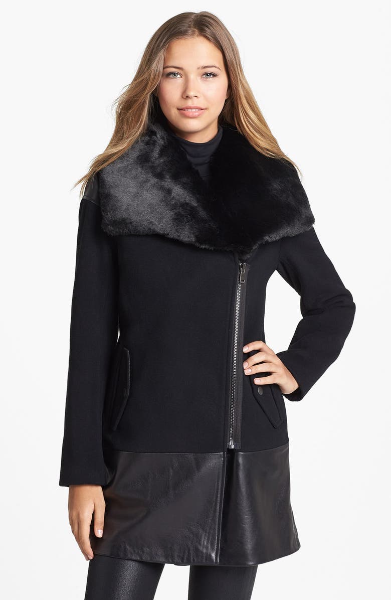 Nicole Miller Genuine Rabbit Fur Collar Asymmetrical Coat | Nordstrom