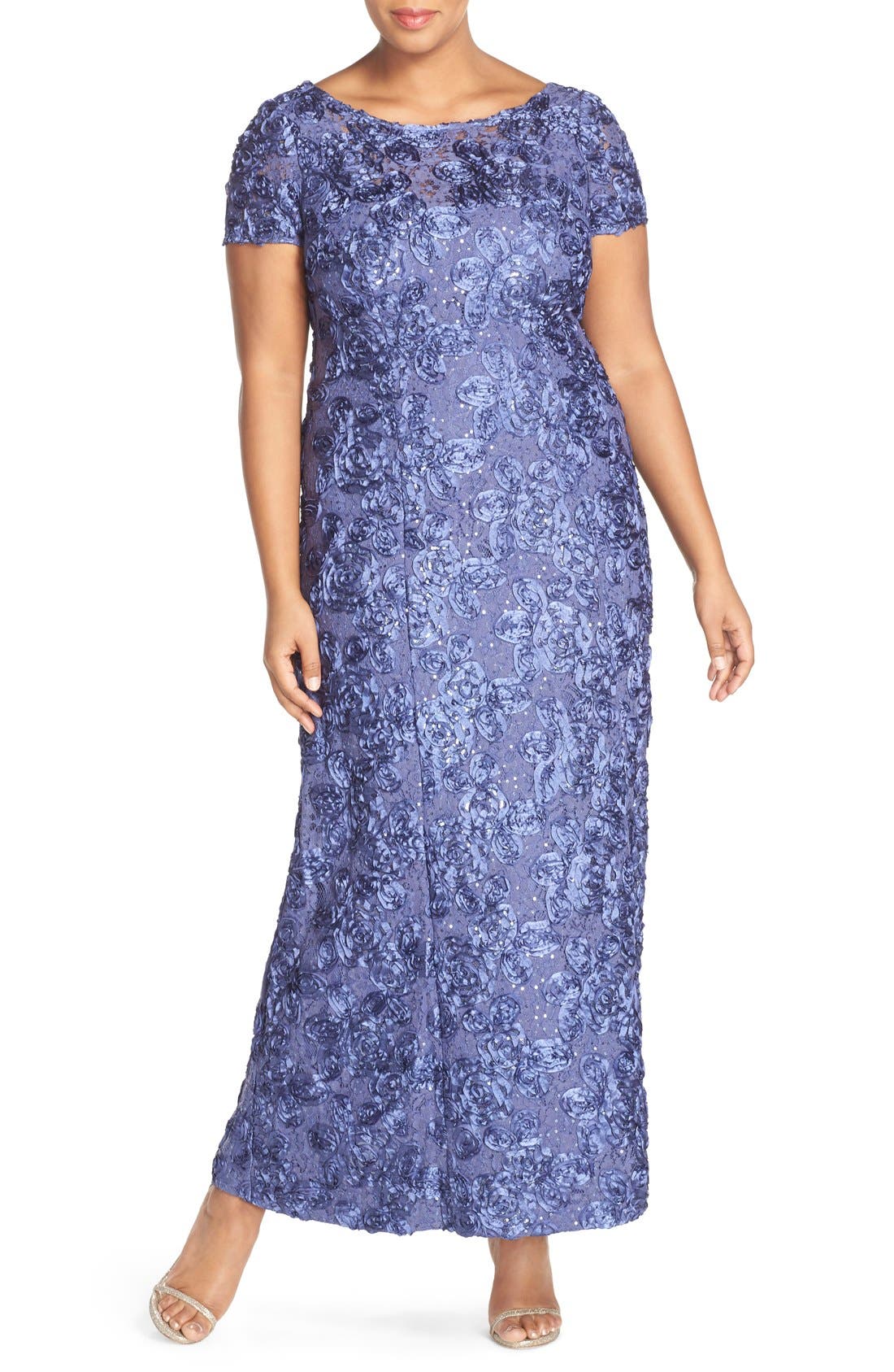 Alex Evenings Rosette Lace Short Sleeve A-line Gown In Violet