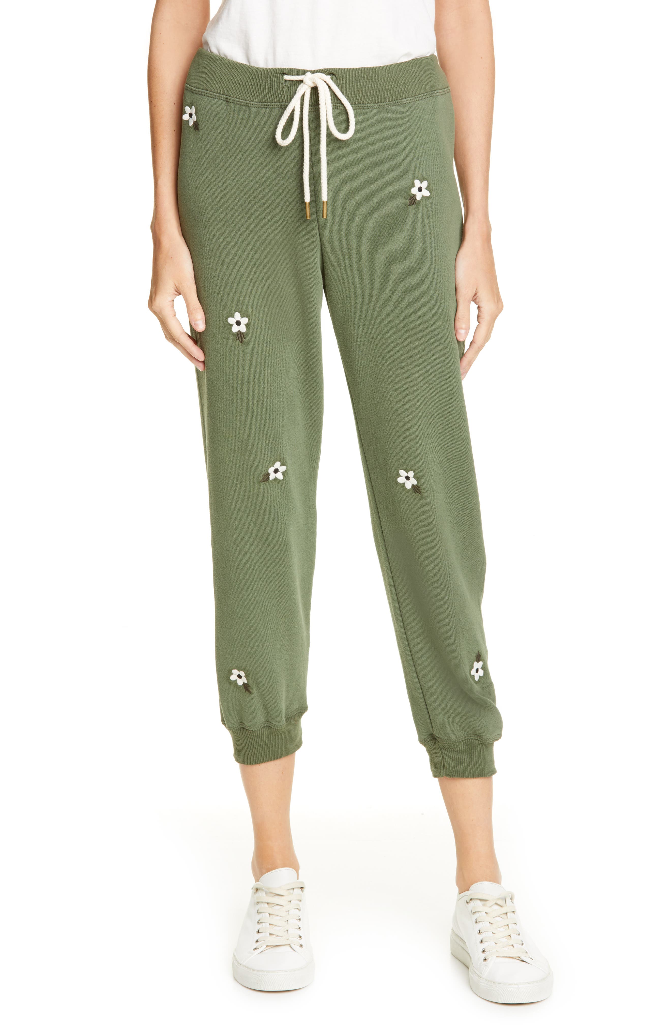 The Great. The Cropped Sweatpants With Floral Embroidery, Green