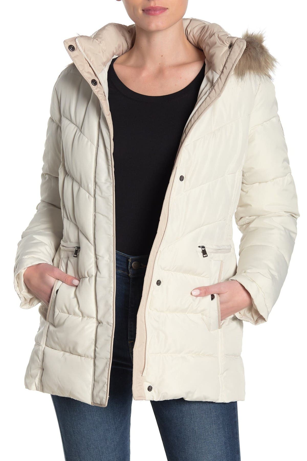 Larry Levine Quilted Faux Fur Hood Coat In Ivory | ModeSens