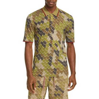 Burberry Thorney Monogram Print Tipped Merino Wool Short Sleeve Polo, Green