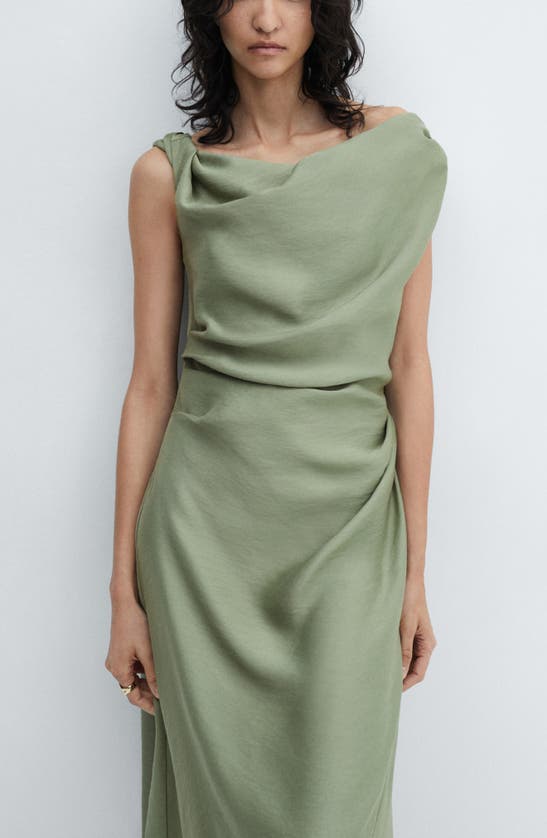 Shop Mango Laila Draped One-shoulder Midi Dress In Dark Green