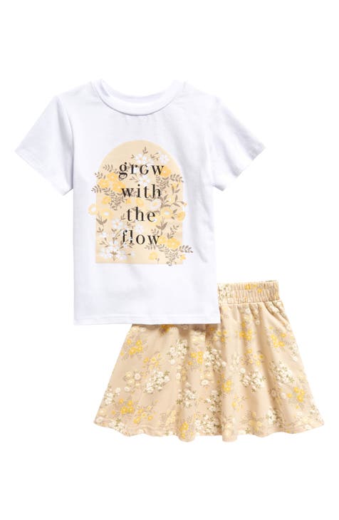 Kids' Grow with the Flow Cotton Graphic T-Shirt & Floral Skirt Set (Toddler & Little Kid)