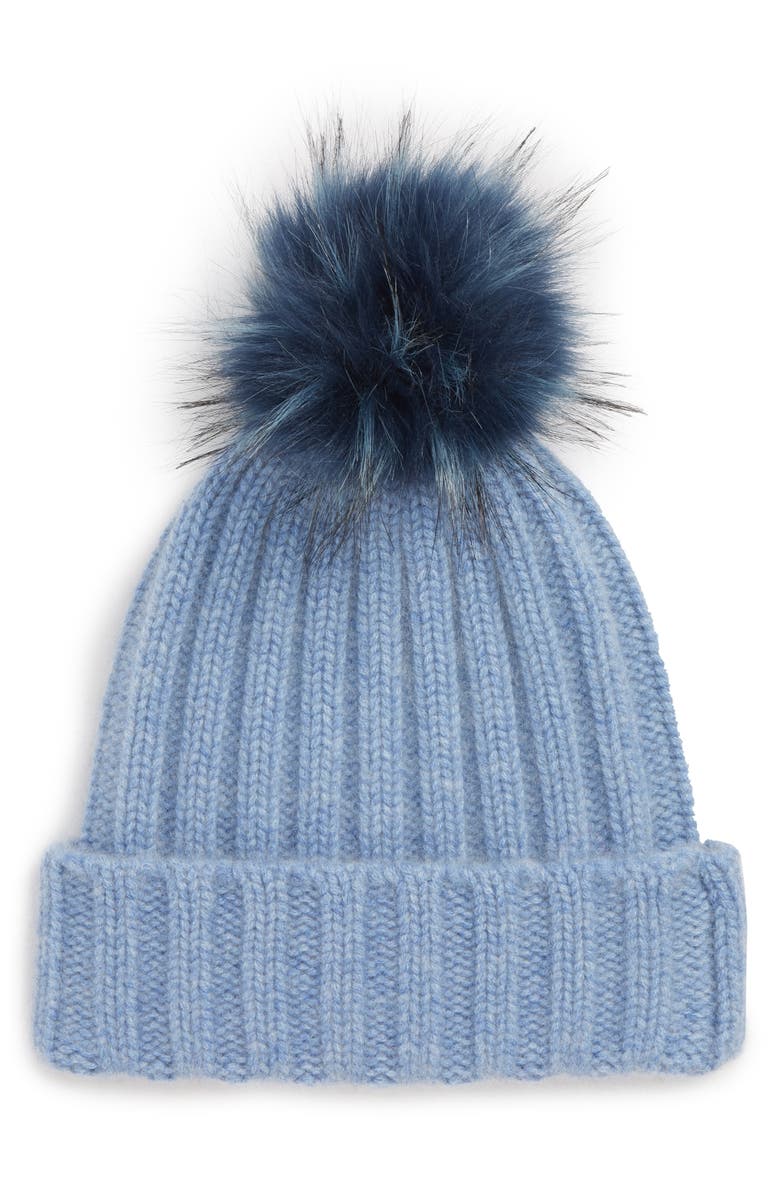 HALOGEN<SUP>®</SUP> x Atlantic-Pacific Cashmere Beanie with Faux Fur Pom, Main, color, BLUE BRUNNERA