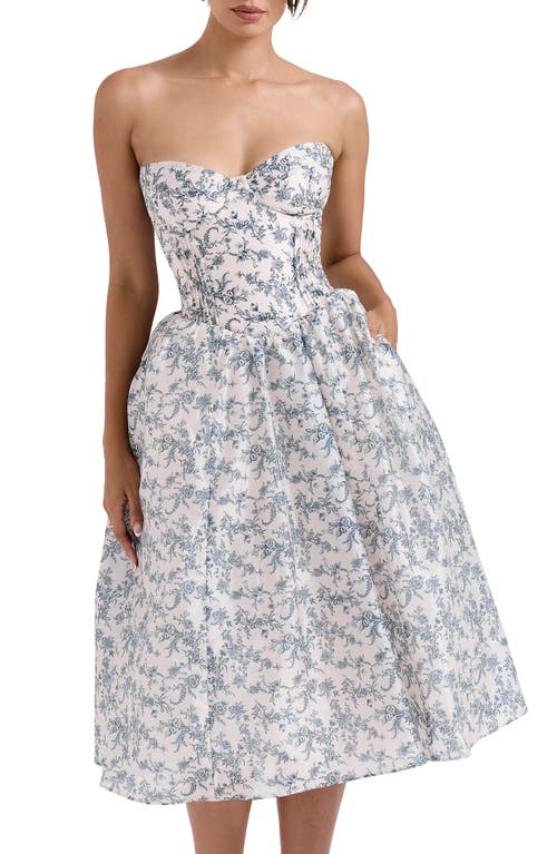 House Of Cb Womens English Porcelain Bennett Graphic-print Strapless Cotton-blend Midi Dress In Navy Cream Floral
