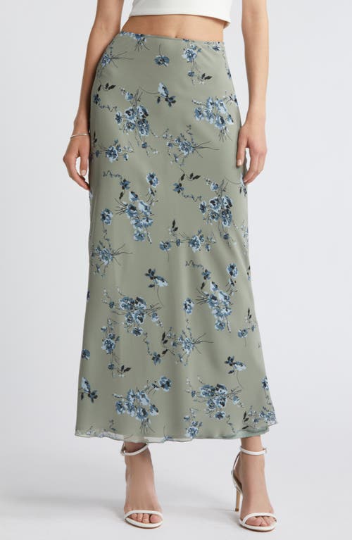 Chiffon Maxi Skirt in Green- Blue Smudge Floral