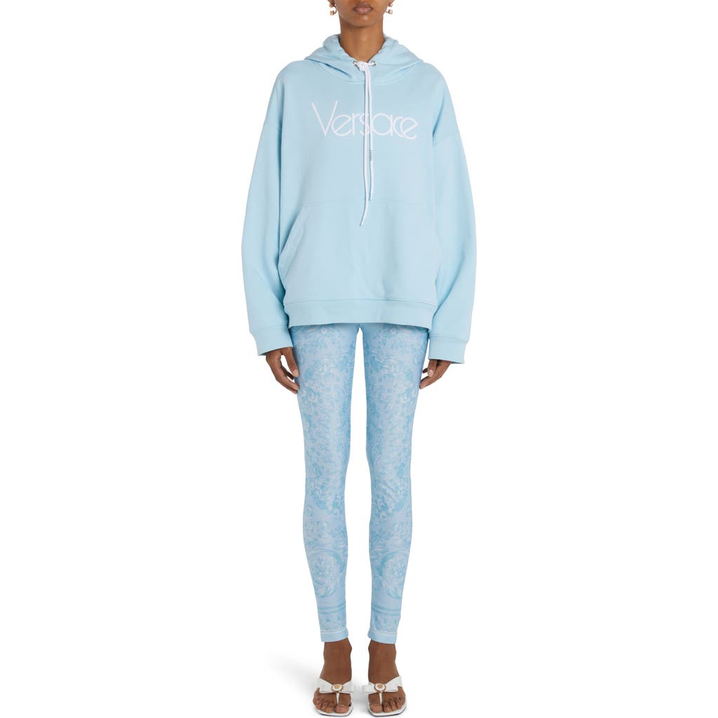Versace Oversize 1978 Re-edition Logo Embroidered Hoodie In Pale Blue/bianco