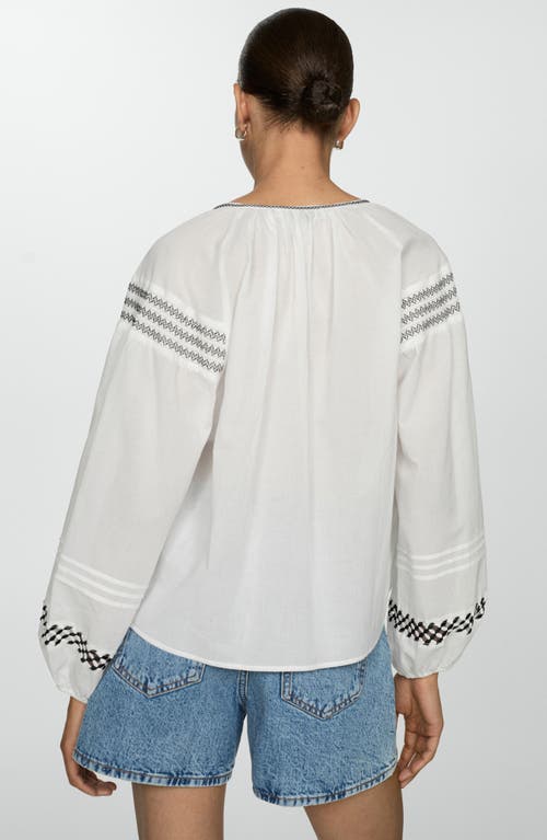 Shop Mango Embroidered Cotton Split Neck Peasant Top In White