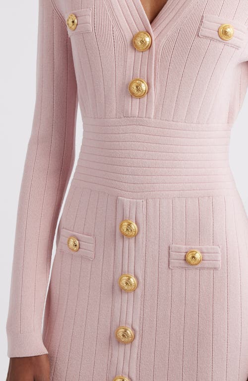 Shop Balmain Button Detail Long Sleeve Rib Sweater Dress In Light Pink