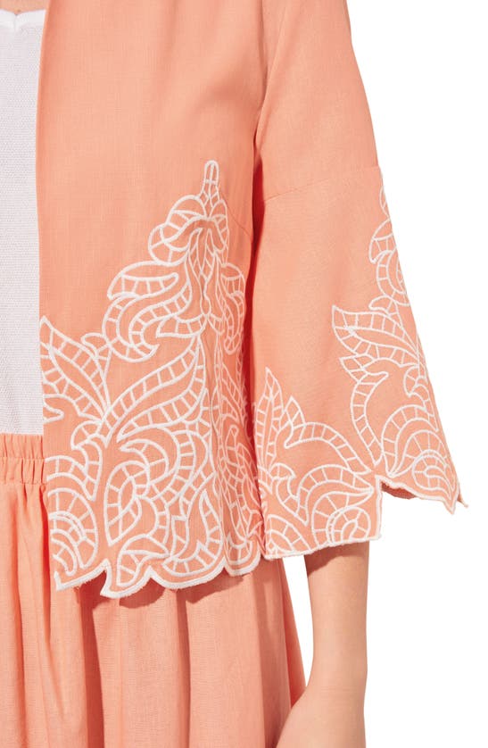 Shop Ming Wang Embroidered Open Front Jacket In Coral Sand/ White