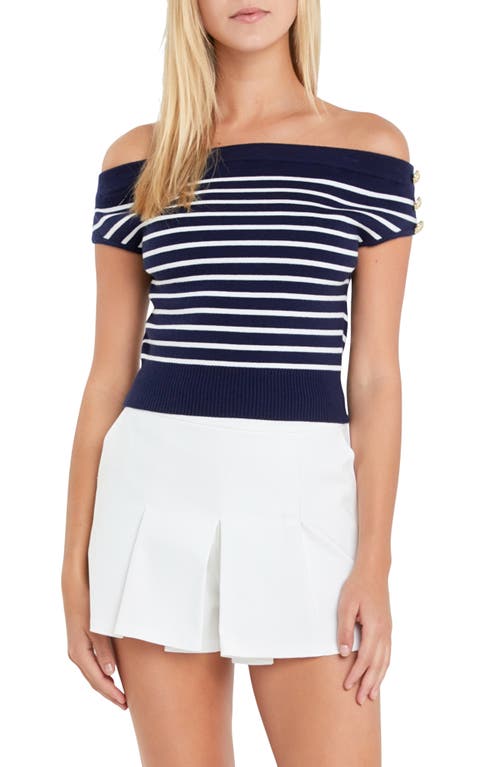 Shop English Factory Stripe Off The Shoulder Sweater In Navy/white