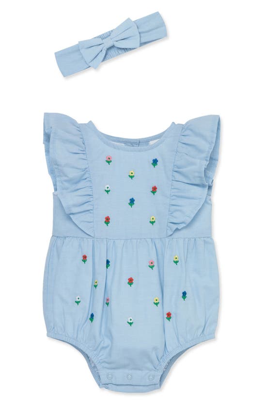 Shop Little Me Floral Embroidered Cotton Chambray Romper & Headband Set In Blue