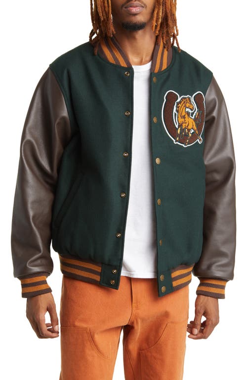 One Of These Days Mustang Wool & Leather Varsity Bomber Jacket In Green