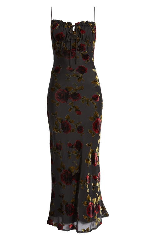 Shop Rare London Devore Floral Tie Front Chiffon Maxi Dress In Burgundy Print