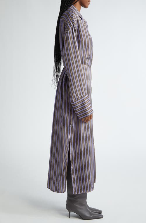 Shop Acne Studios Delestina Stripe Long Sleeve Satin Shirtdress In Purple/anthracite Grey