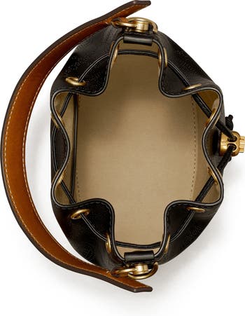 Tory Burch T Monogram Raffia Bucket Bag, Black/ Brass, Style 139129, Retail  $598