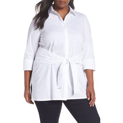Plus Size Foxcroft Michaela Solid Tie Front Shirt, White