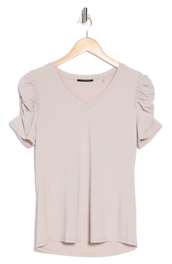 T Tahari Ruched Sleeve V-neck T-shirt In Tranquil Taupe