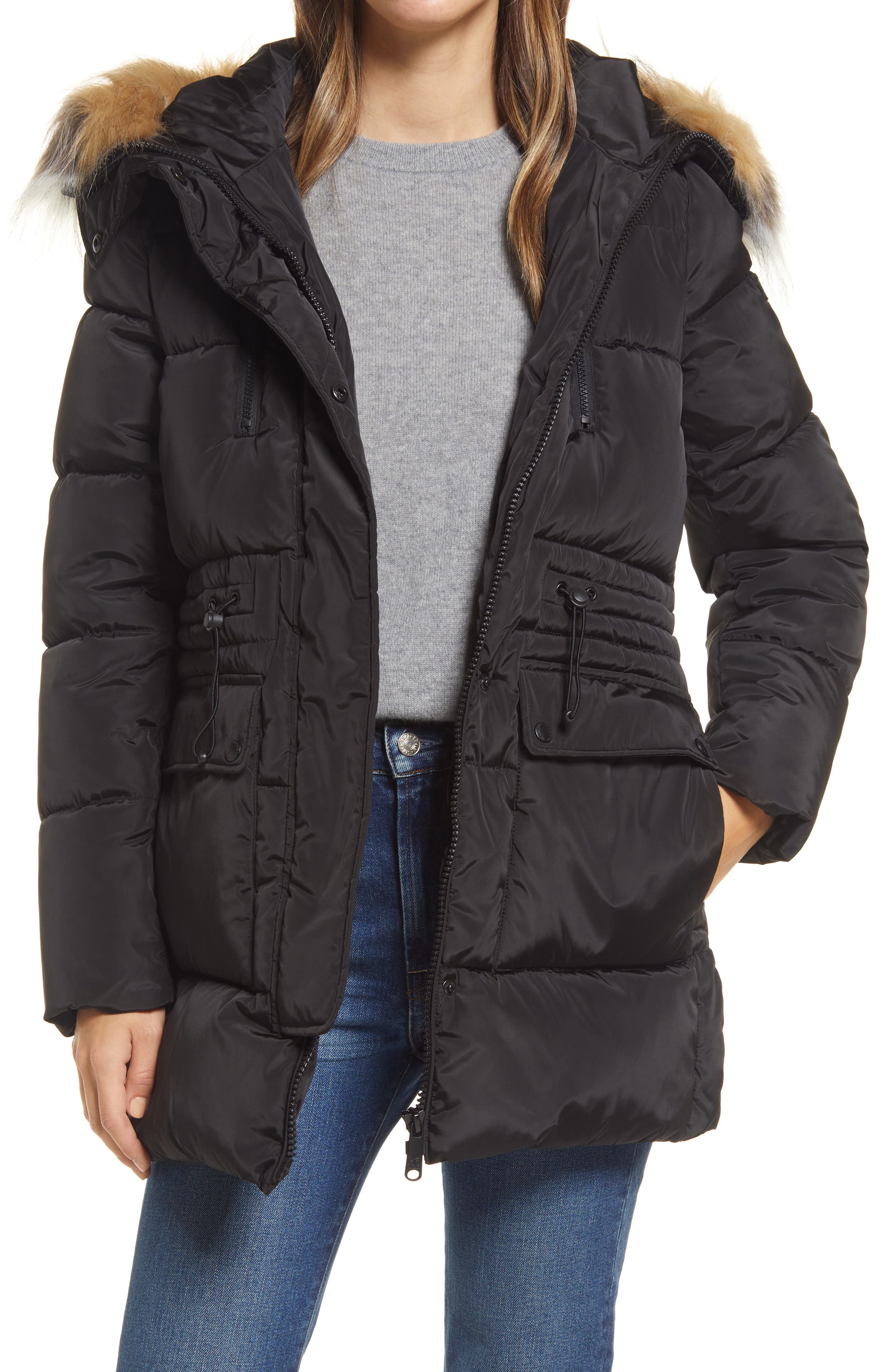 womens black coat with grey fur hood