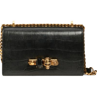 Alexander Mcqueen Croc-Embossed Knuckle Ring Leather Shoulder Bag - Black