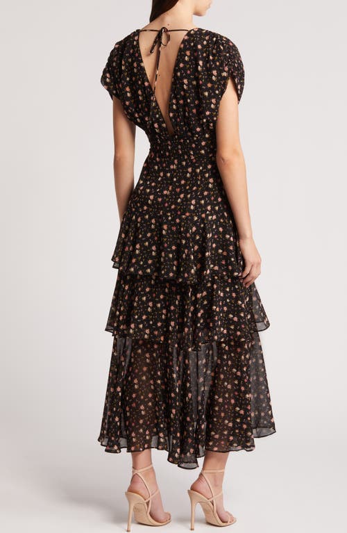 Shop Charles Henry Floral Print Tiered Chiffon Maxi Dress In Black Ditsy