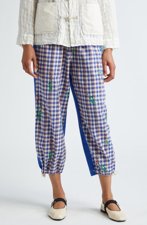 Check Floral Embroidered Cotton Twill Pants