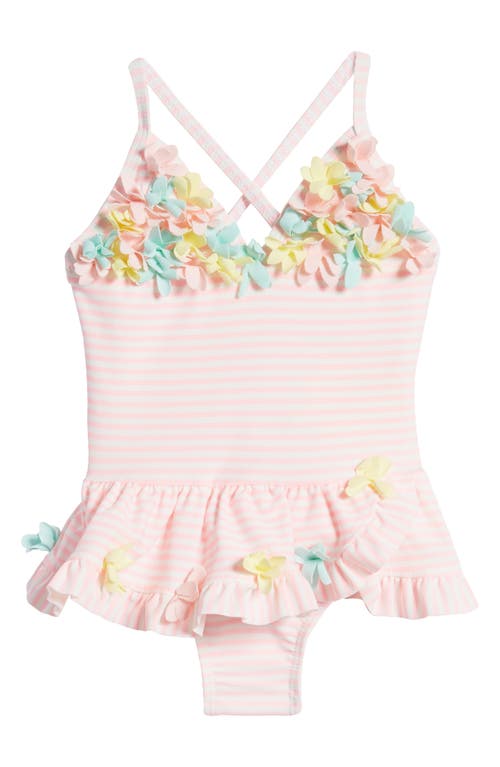 Little Me Stripe 3D Floral Skirted One-Piece Swimsuit in Pink