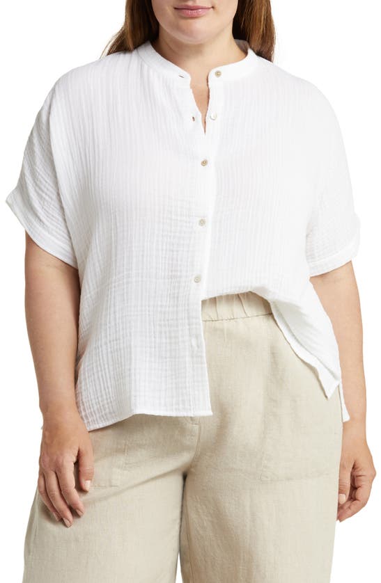 Eileen Fisher Band-collar Button-down Gauze Shirt In White