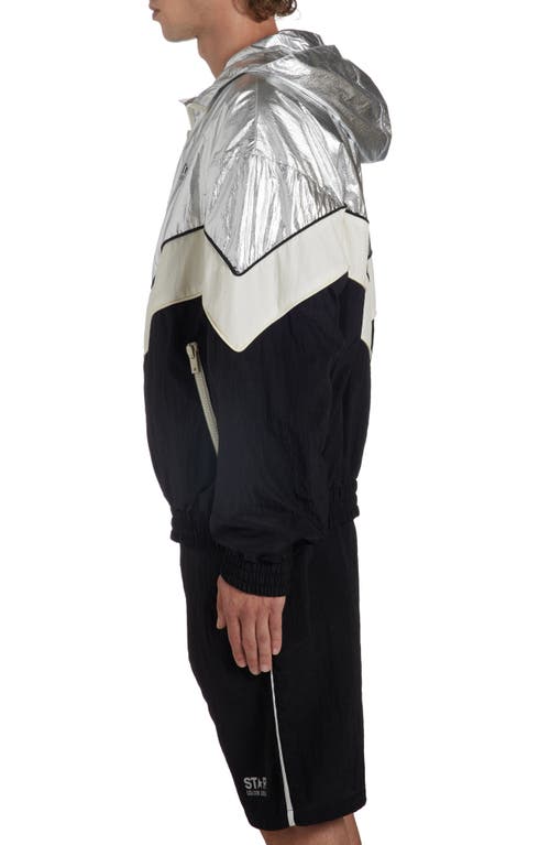 Shop Golden Goose Star Patchwork Windbreaker In Silver/dark Papyrus/black