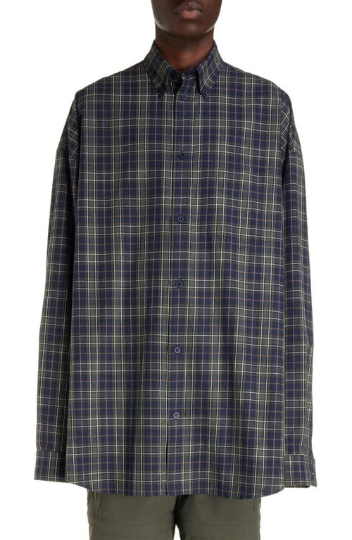 Balenciaga Check Oversize Cotton Flannel Button-Down Shirt Navy/Khaki at Nordstrom,