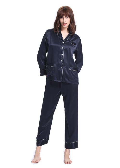 Shop Lilysilk 22 Momme Chic Trimmed Silk Pajama Set In Navy Blue