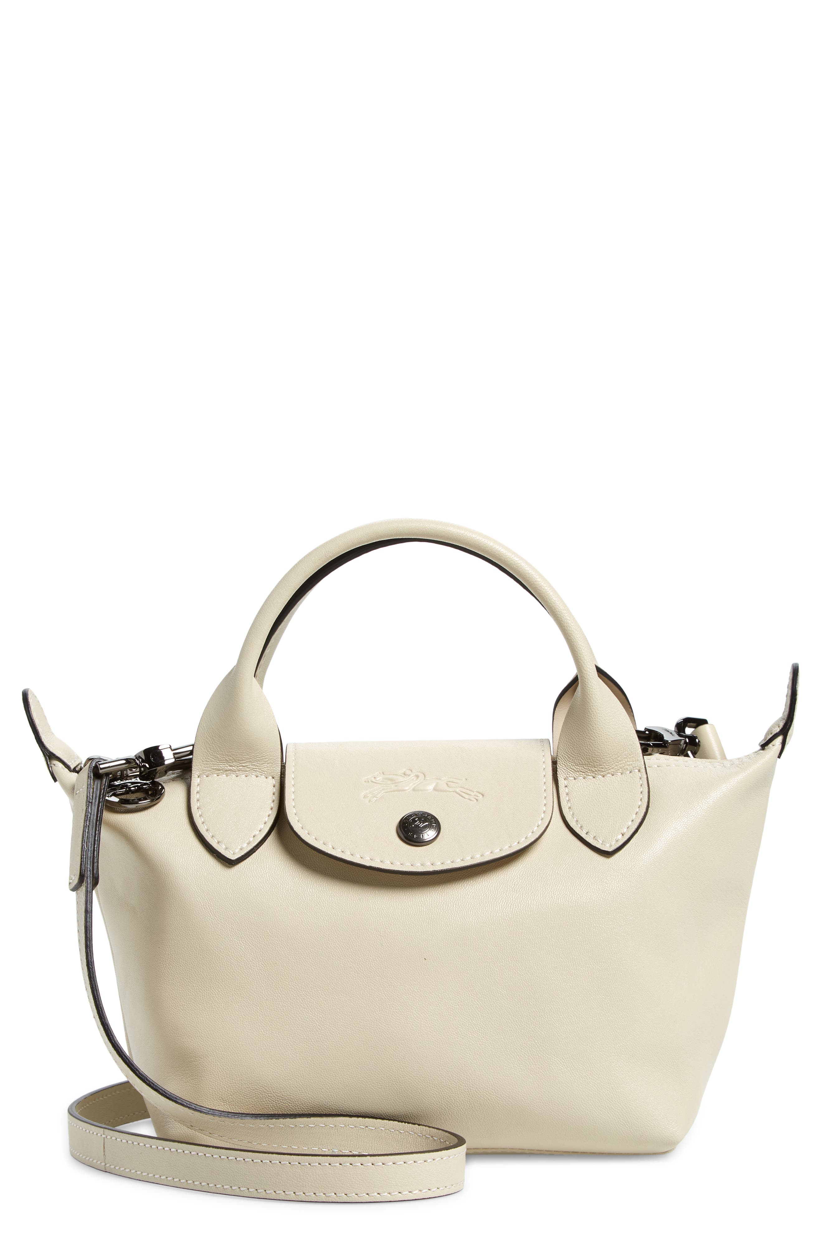 Longchamp Mini Le Pliage Cuir Leather Top Handle Bag in Ivory at Nordstrom