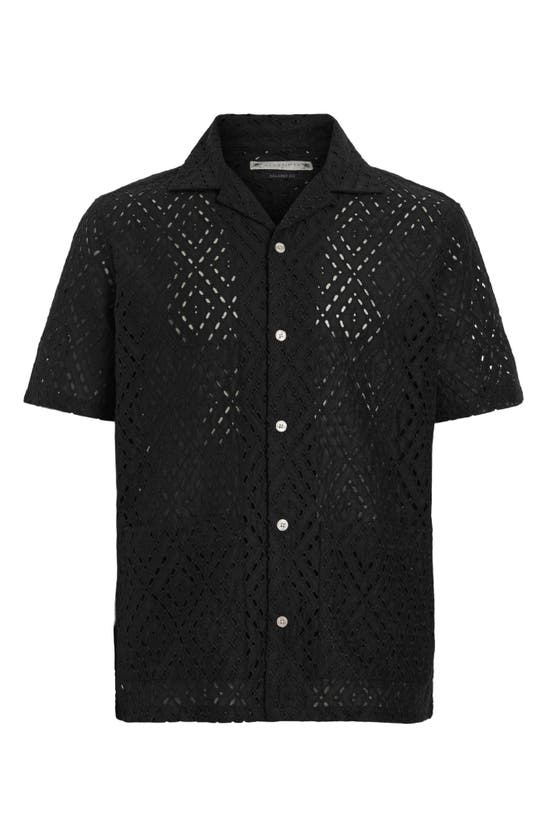 Shop Allsaints Quinta Eyelet Short Sleeve Cotton Camp Shirt In Jet Black