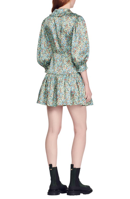 Sandro Eilat Collared Floral Print Silk Dress In Green Red