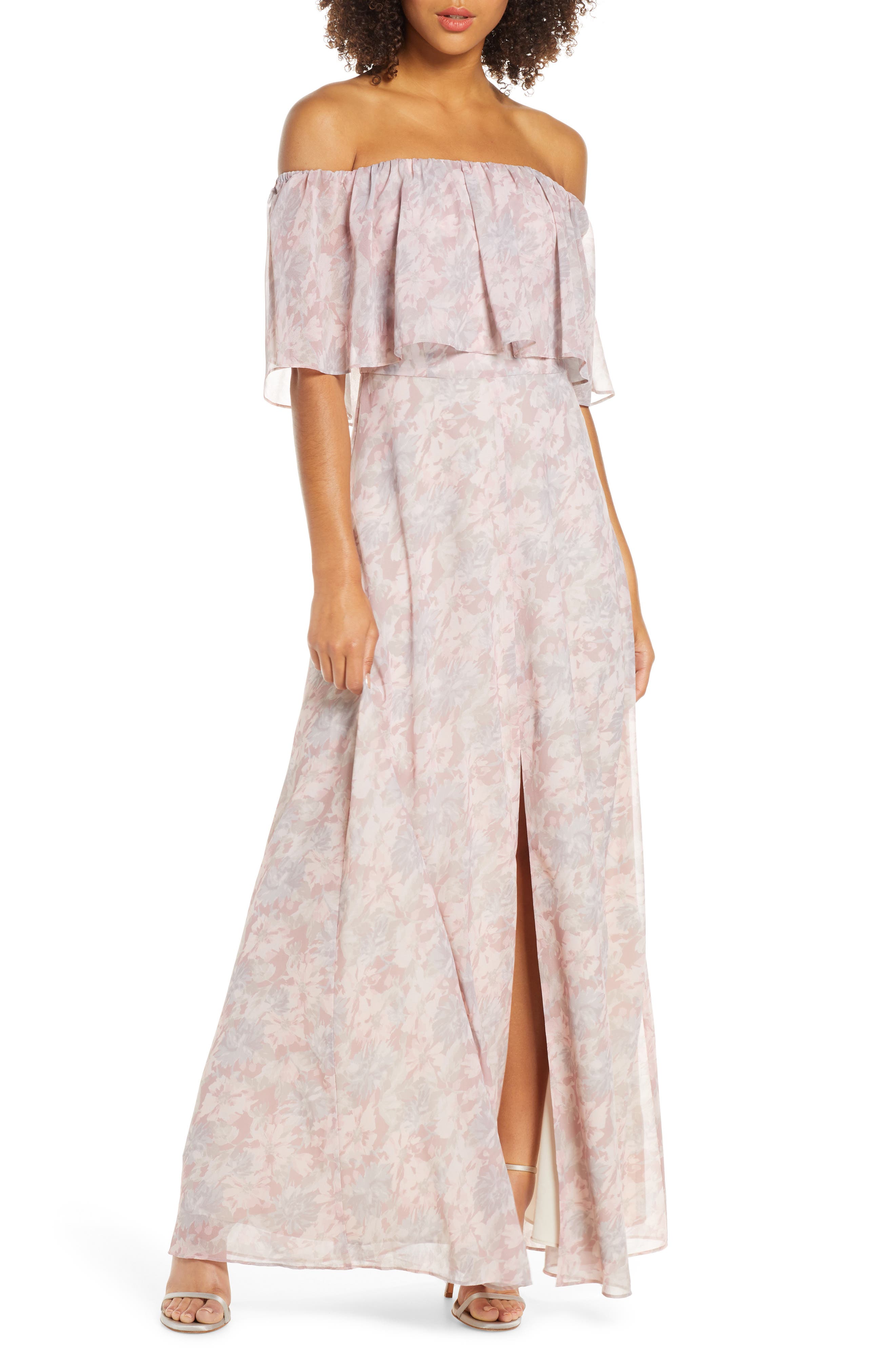Wayf Floral Popover Off The Shoulder Chiffon Gown, Pink
