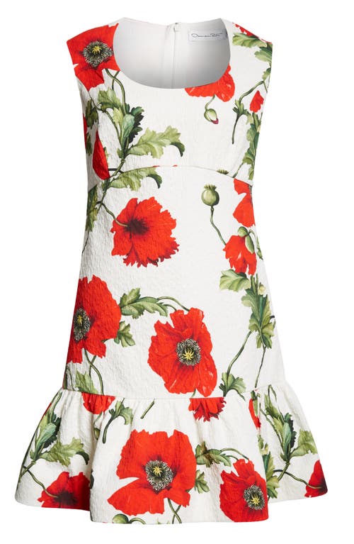 Shop Oscar De La Renta Poppy Print Cap Sleeve Flounce Hem Cotton Blend Minidress In White/red