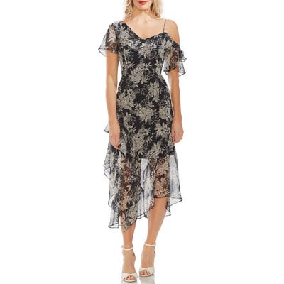 Vince Camuto Boudoir Botanical Ruffled One-Shoulder Party Dress, Black