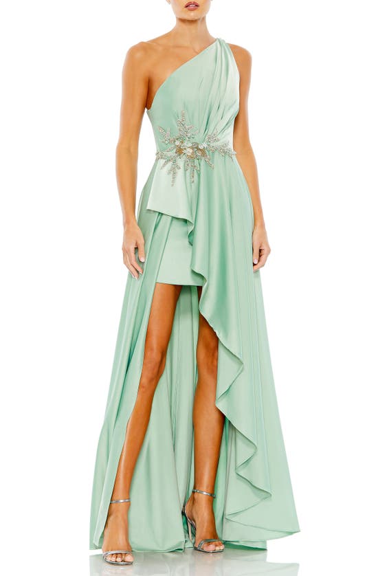 Mac Duggal Embellished One Shoulder Asymmetrical Gown In Sage
