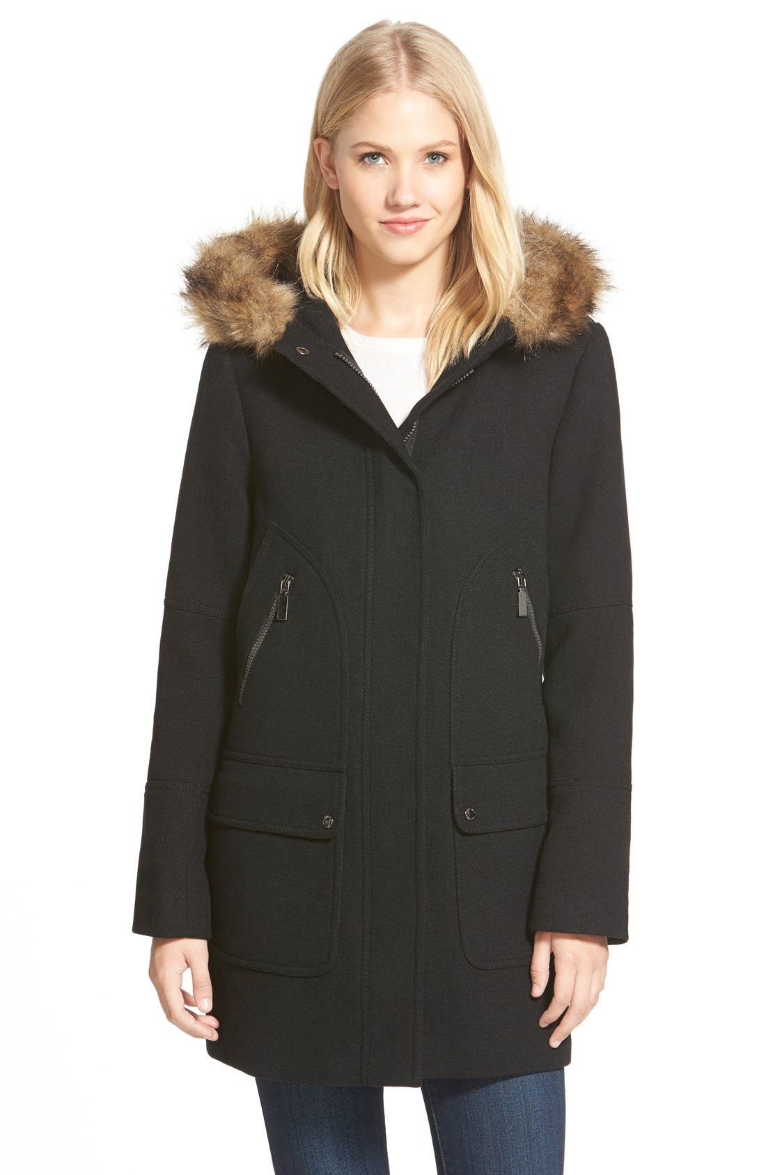 wool coat with faux fur hood