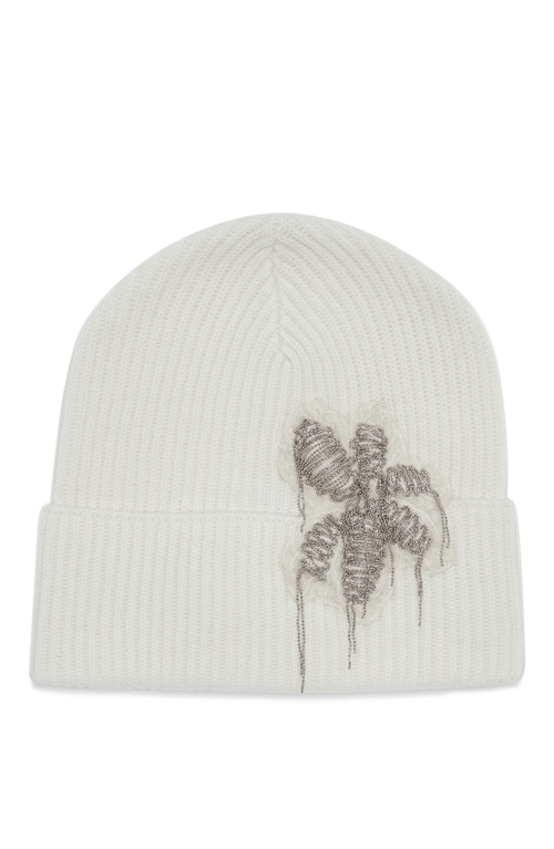 Shop Brunello Cucinelli Cashmere Rib Knit Beanie With Precious Flower Crest In White