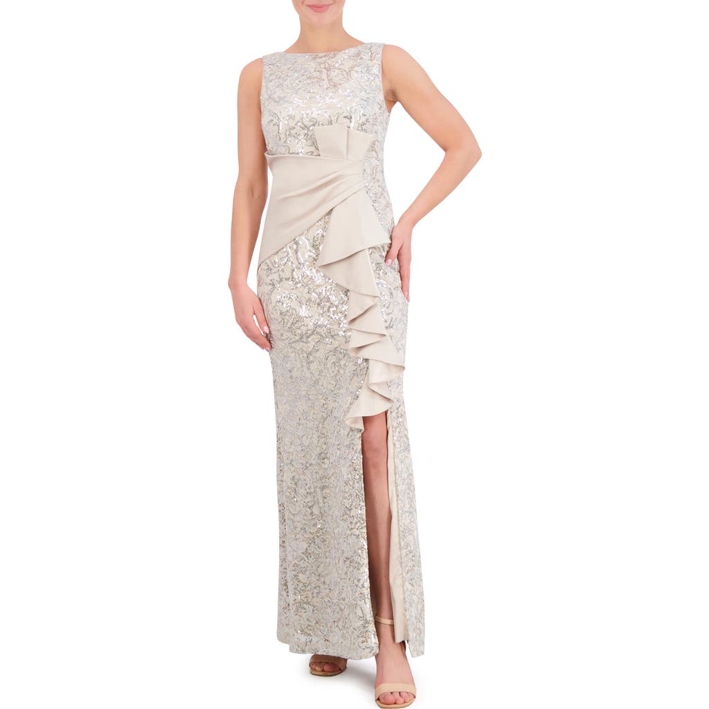Eliza J Sequin Ruffle Sleeveless Lace Trumpet Gown In Champagne