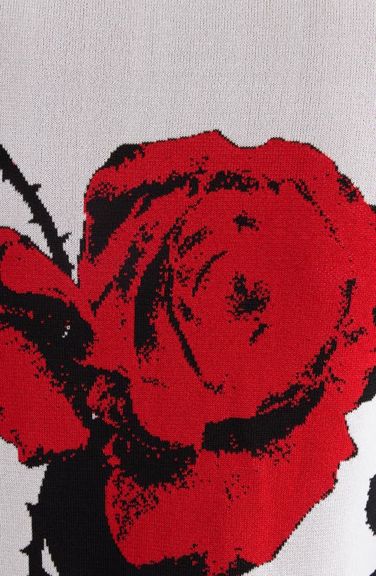 Shop Balmain Red Roses Jacquard Short Sleeve Crop Cardigan In Gqv White/ Black/ Red