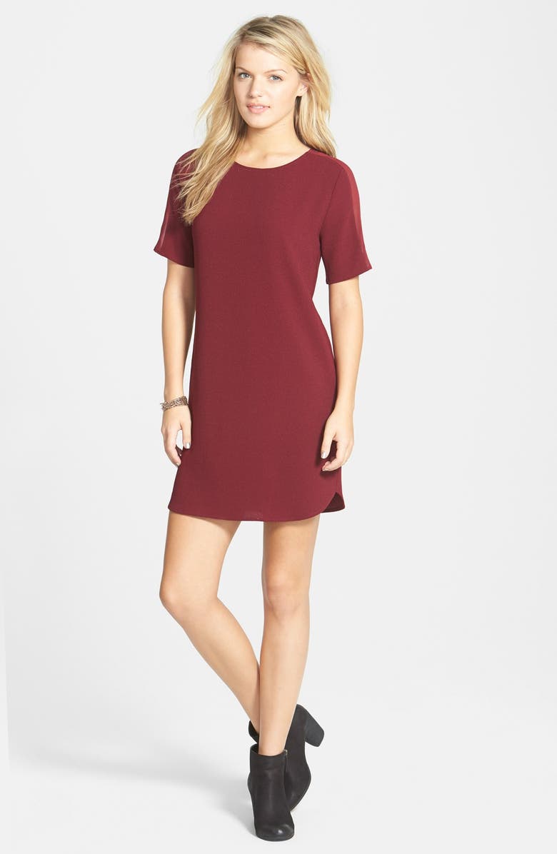 EVERLY Sheer Trim Shift Dress, Main, color, WINE