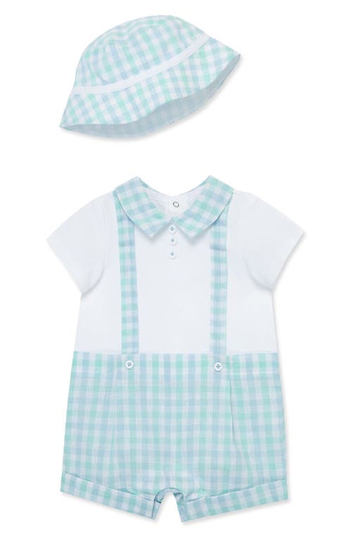 Little Me Plaid Cotton & Linen Romper Hat Set Blue at Nordstrom,