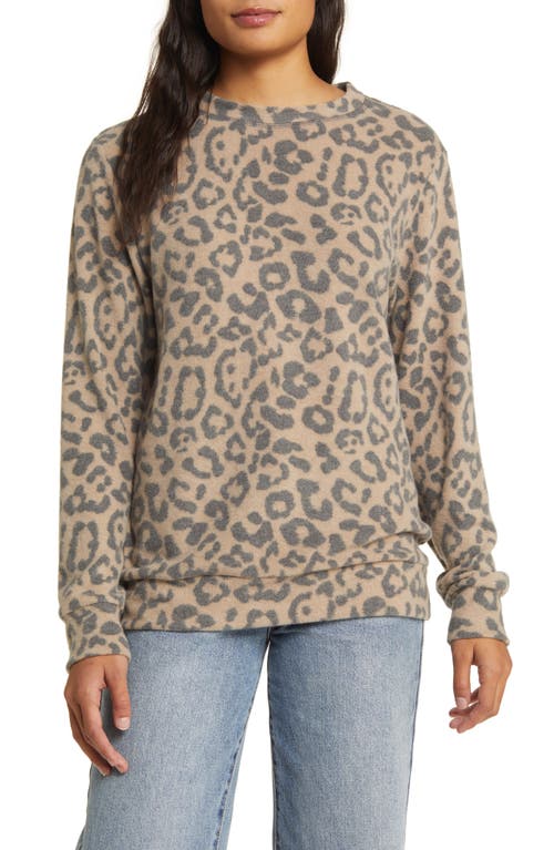 Loveappella Leopard Print Long Sleeve Hacci Knit Top In Camel/charcoal