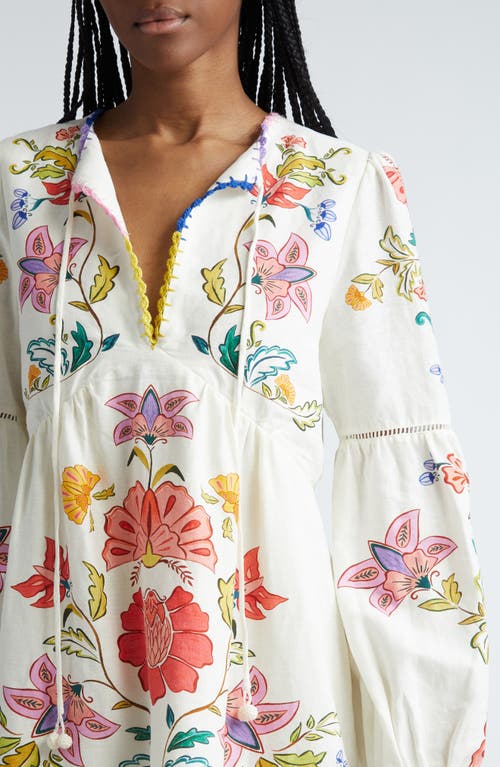 Shop Farm Rio Floral Long Sleeve Linen Blend Minidress In Off-white