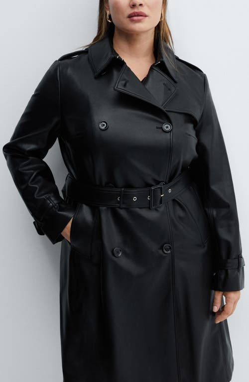Mango Double Breasted Water Repellent Faux Leather Trench Coat In Black