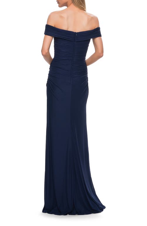 La Femme Ruched Off The Shoulder Net Jersey Evening Dress In Navy