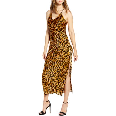 J.o.a. Animal Print Strappy Satin Midi Dress, Brown