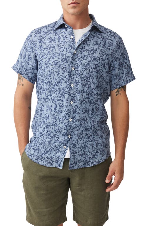 Avonside Sports Fit Floral Short Sleeve Linen Button-Up Shirt in Chambray